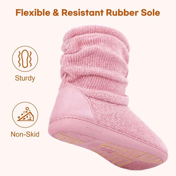 Women's Light Pink Winter Warm Non Slip Knit Memory Foam Slipper Bootie Shoes - Picture 5 of 6